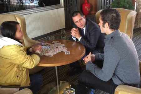 Stiegler (center) meets with students