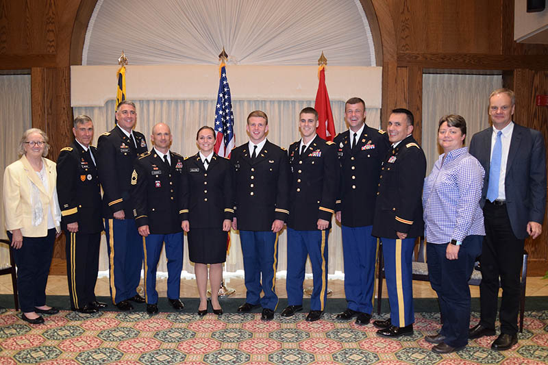 Two SU ROTC Cadets Commissioned - Pictured, from left, are Provost Diane Allen, Major General Francis G. Mahon, Major Sean McCleary, Master Sergeant Matthew Howard, 2LT Rachael Vallone, 2LT Jacob Fazio, Captain Philip Dowd, Captain Mac Howard, Noel Milian, Interim Seidel Dean Kelly Fiala and Fulton Dean Maarten Pereboom. 