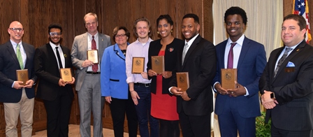 Pictured, from left: ¬Ravizza, Mack, Pereboom, Dudley-Eshbach, Lenox, Logan, Ellis and Adeyoe. (Not pictured: Said.)